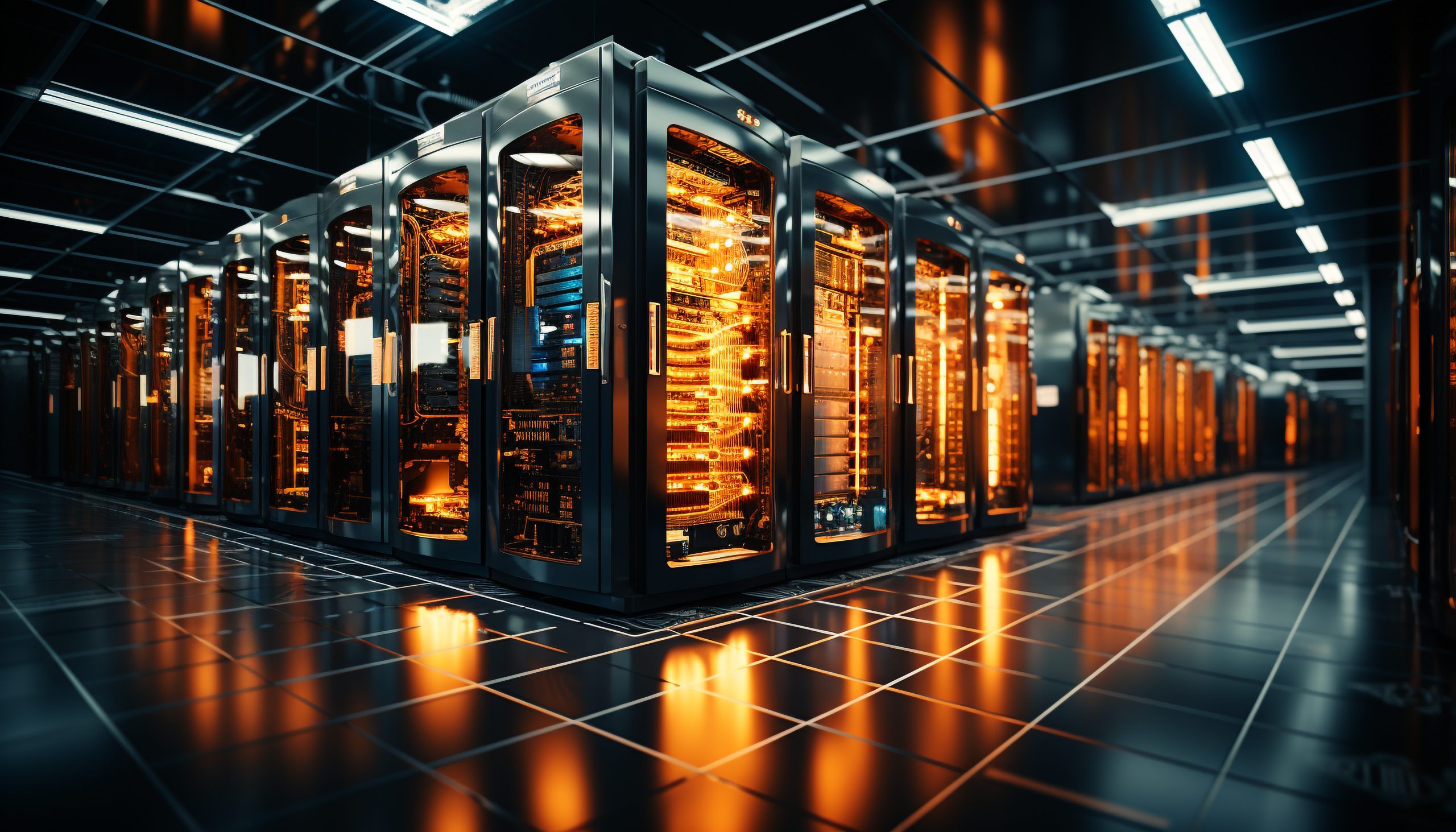Futuristic computer network powers global communications inside modern factory generated by AI